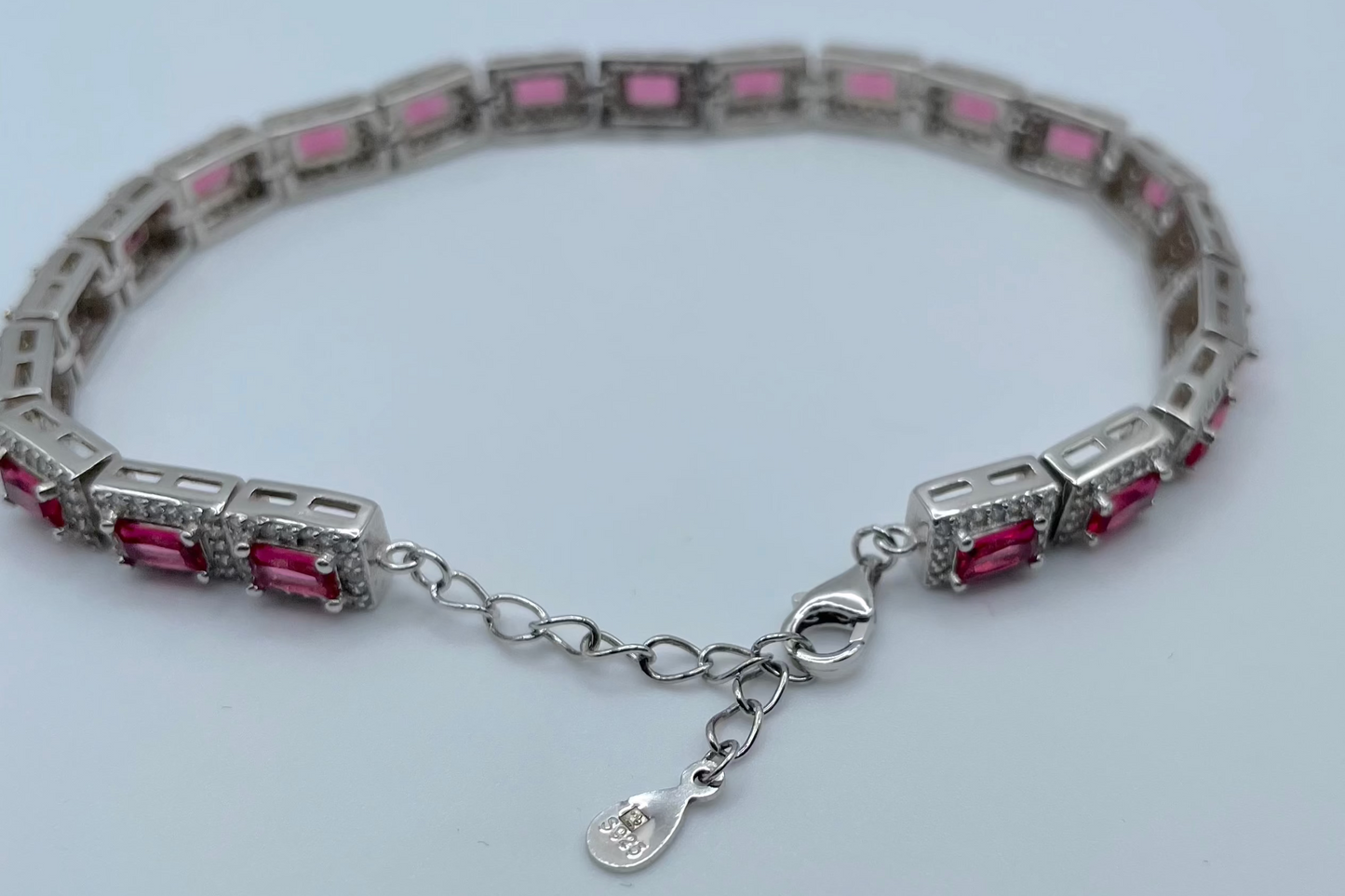 Sterling Silver Tennis Bracelet - Pink Rectangle Crystals