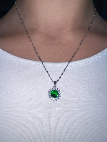 Sterling Silver Pendant Necklace - Green Crystal