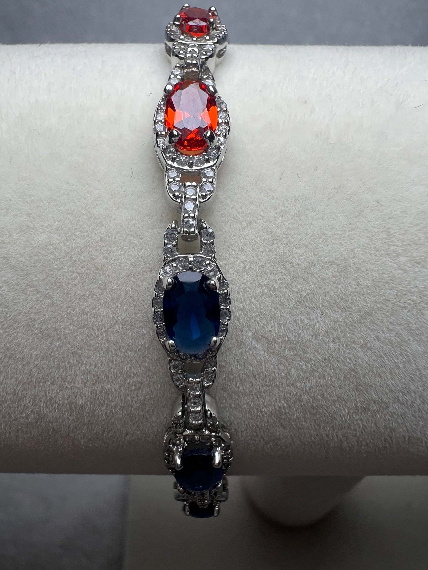 Sterling Silver Tennis Bracelet - Blue/Red Crystals