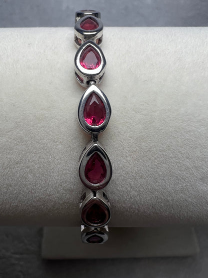 Sterling Silver Tennis Bracelet - Pink Teardrop Crystals