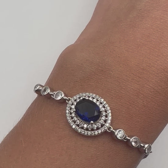 Sterling silver chain bracelet with blue and white crystals